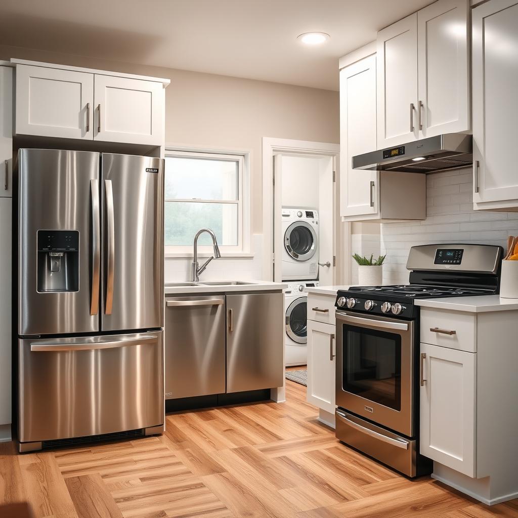 Modern kitchen showing refrigerator, dishwasher, and oven with laundry room washer and dryer visible in background