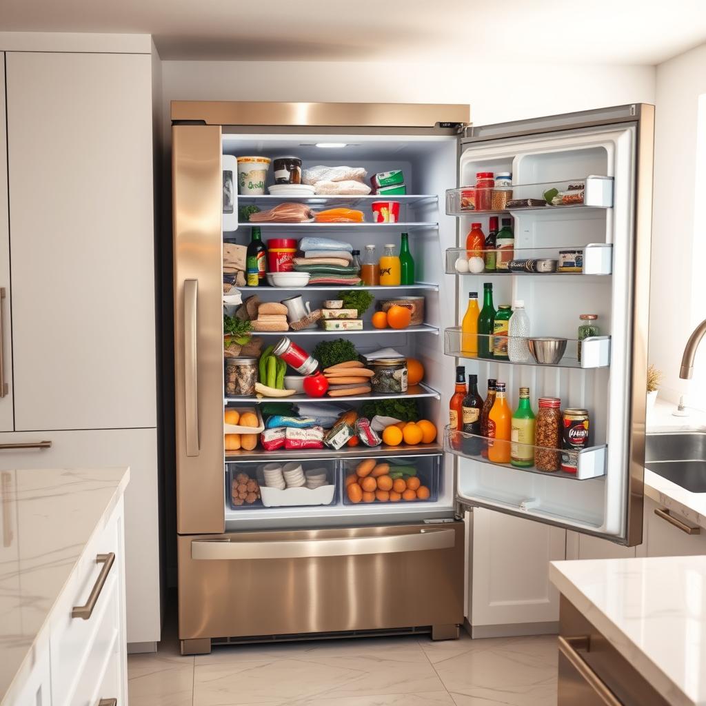 Overstocked refrigerator with doors open showing disorganized food - common refrigerator mistakes to avoid