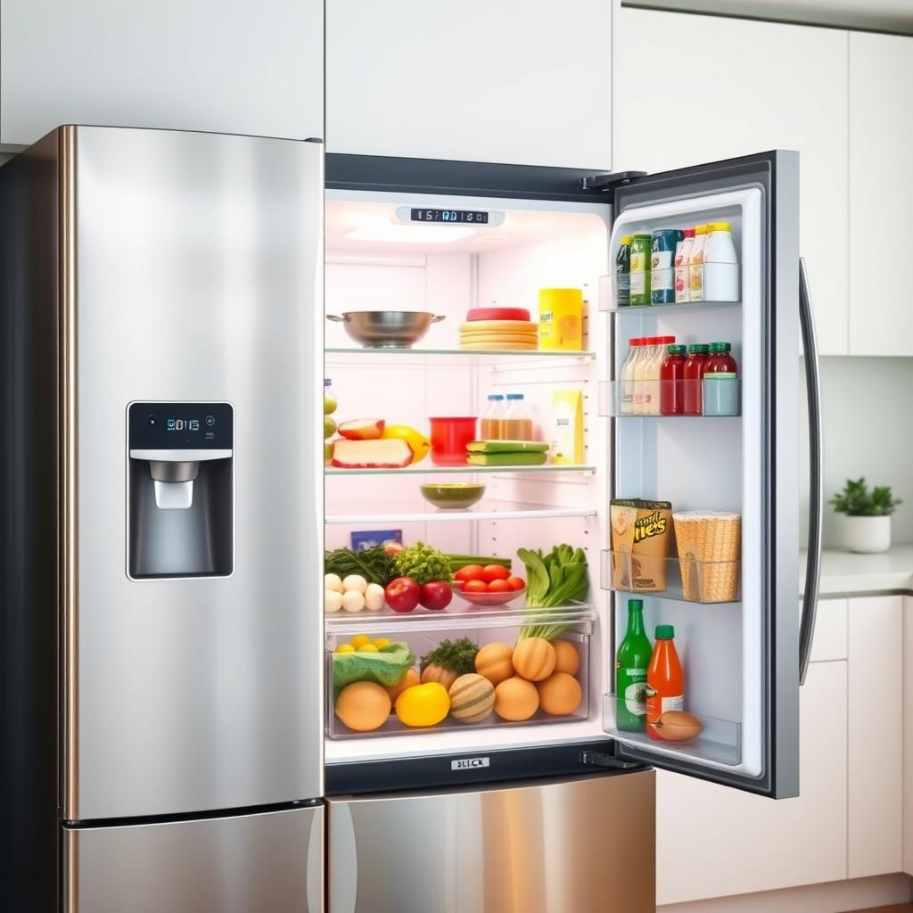 Modern stainless steel refrigerator with door open showing organized fresh food on shelves in a bright kitchen