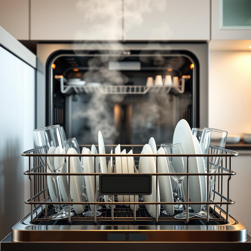 Open modern dishwasher showing sparkling clean and dry dishes and glasses in a contemporary kitchen