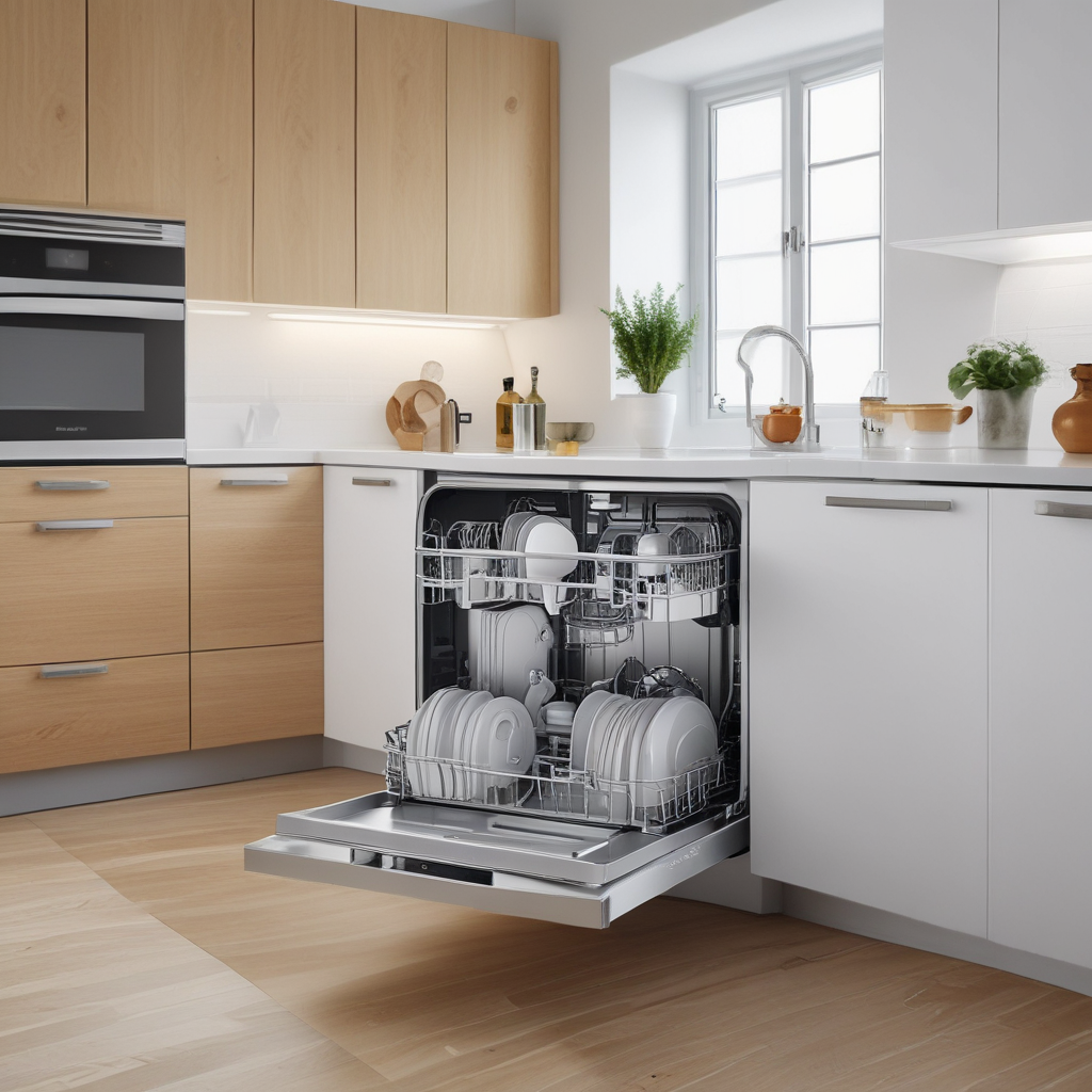 Single door built-in dishwasher open with dishes inside and small water puddle on kitchen floor showing a leak