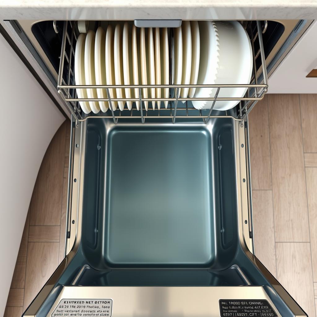 Open dishwasher with standing water at bottom showing drain issue in a modern kitchen