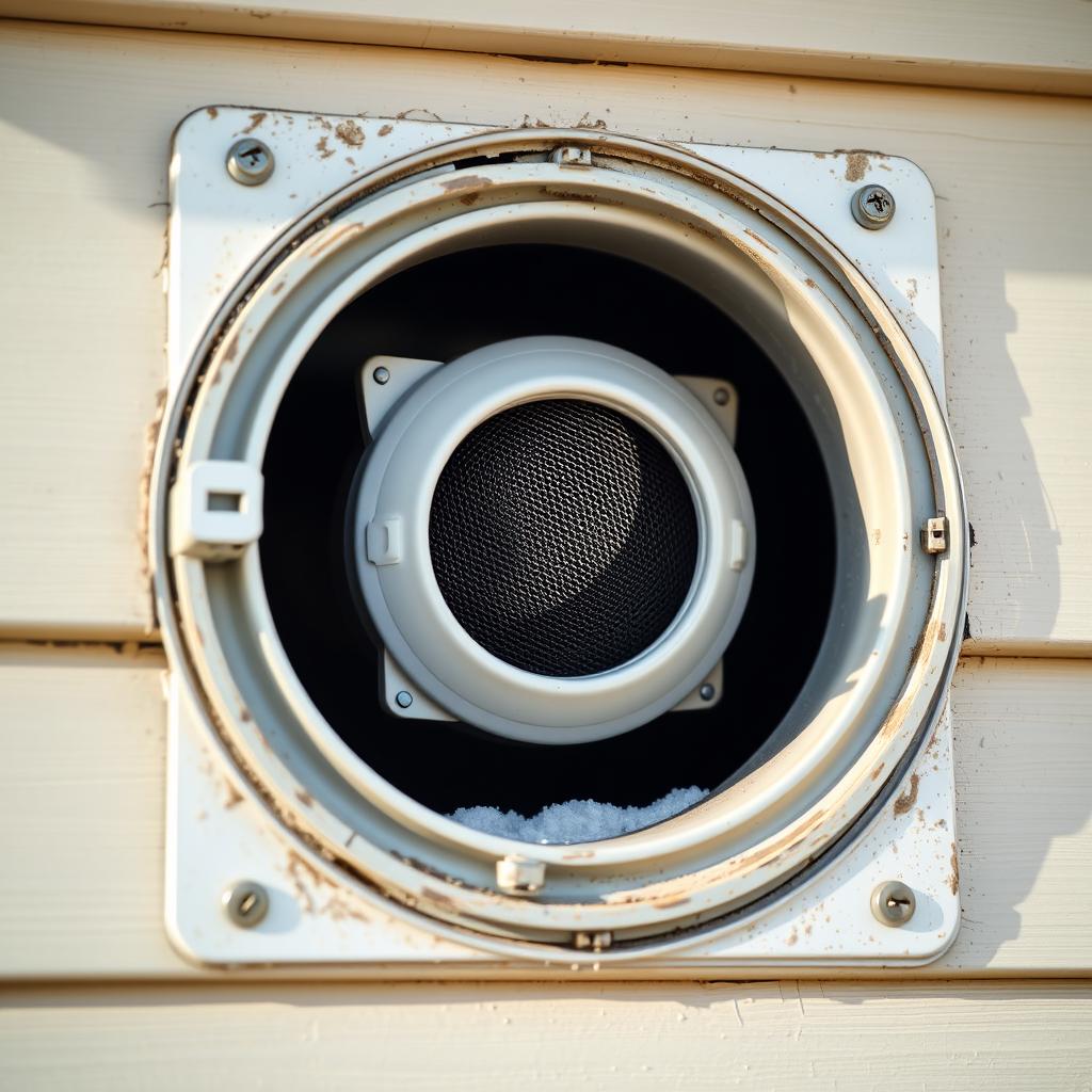 Close-up of dryer vent duct and exterior vent cover with visible lint buildup showing fire hazard warning signs