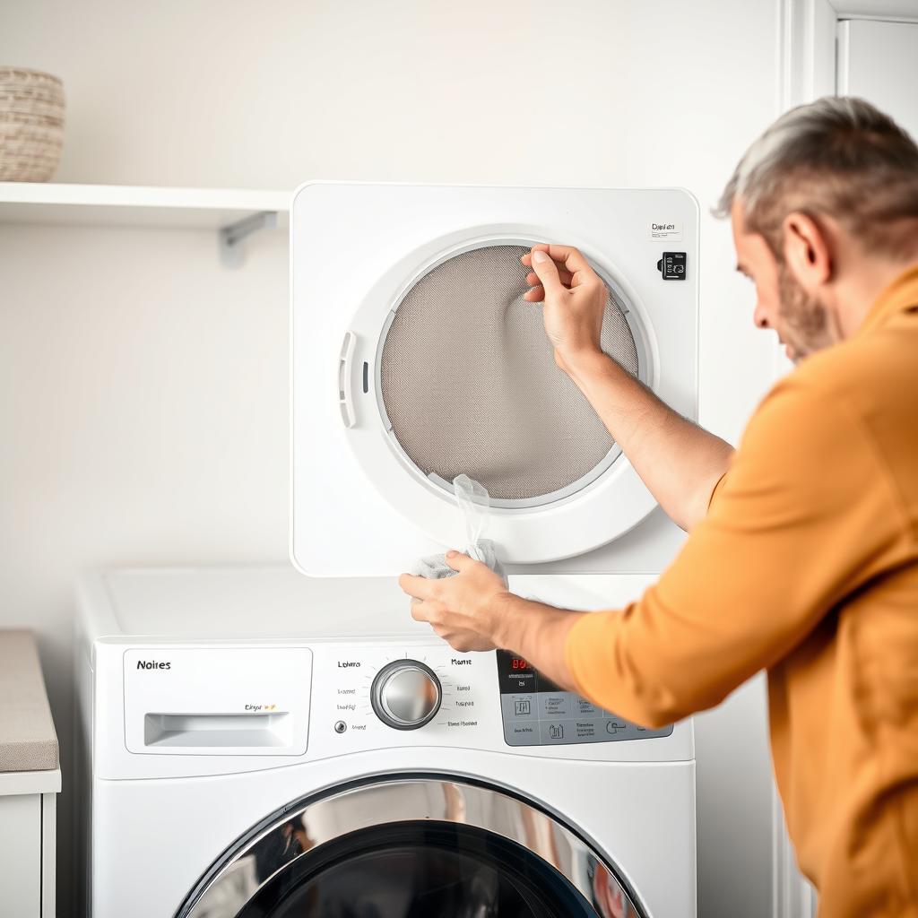 Person cleaning dryer lint trap filter in front of a modern white front-load dryer in a clean laundry room