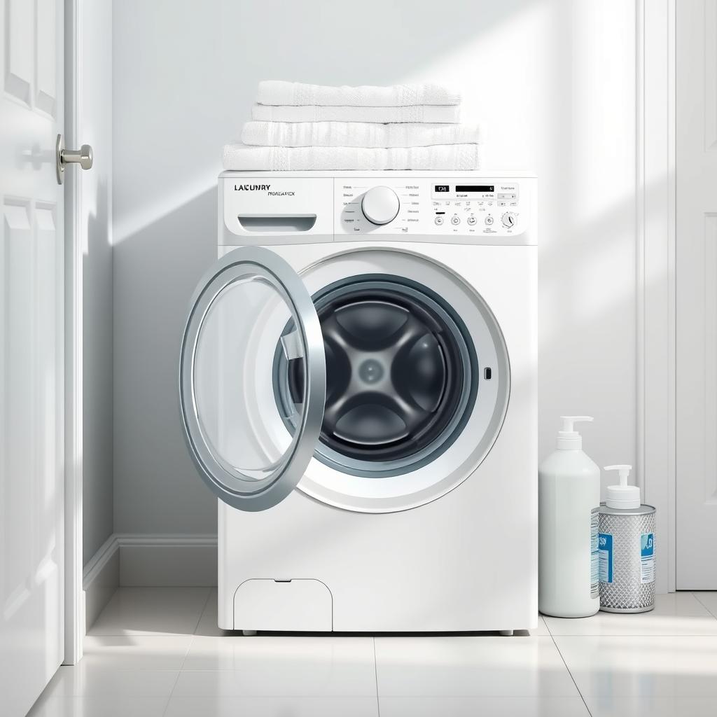 Modern front-loading washing machine with open door in a bright laundry room with detergent and folded towels