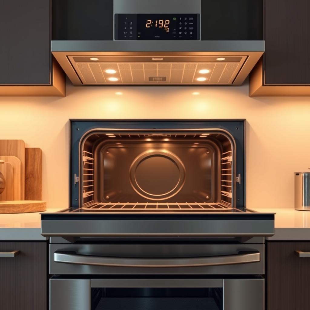 Modern stainless steel oven with door open showing clean interior and digital control panel in a kitchen