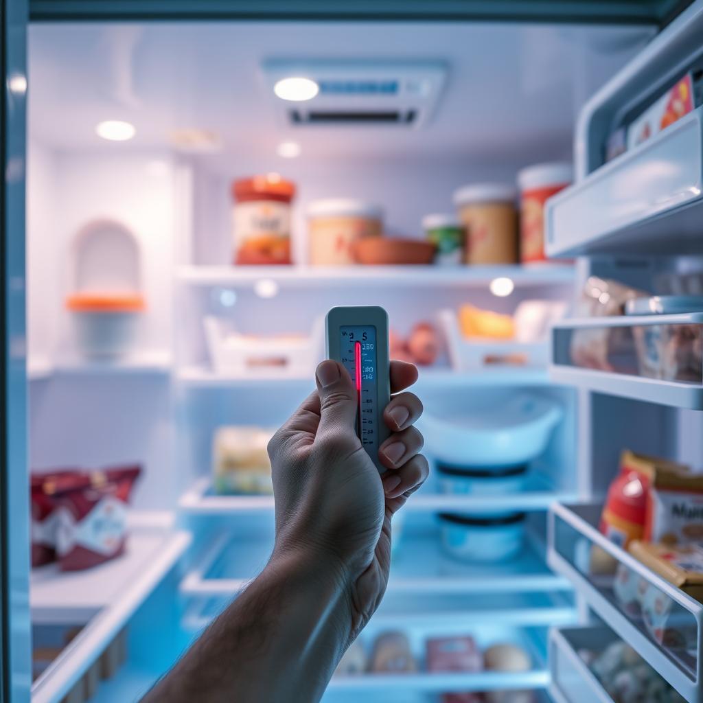 Hand holding thermometer inside open refrigerator checking temperature with food items on shelves