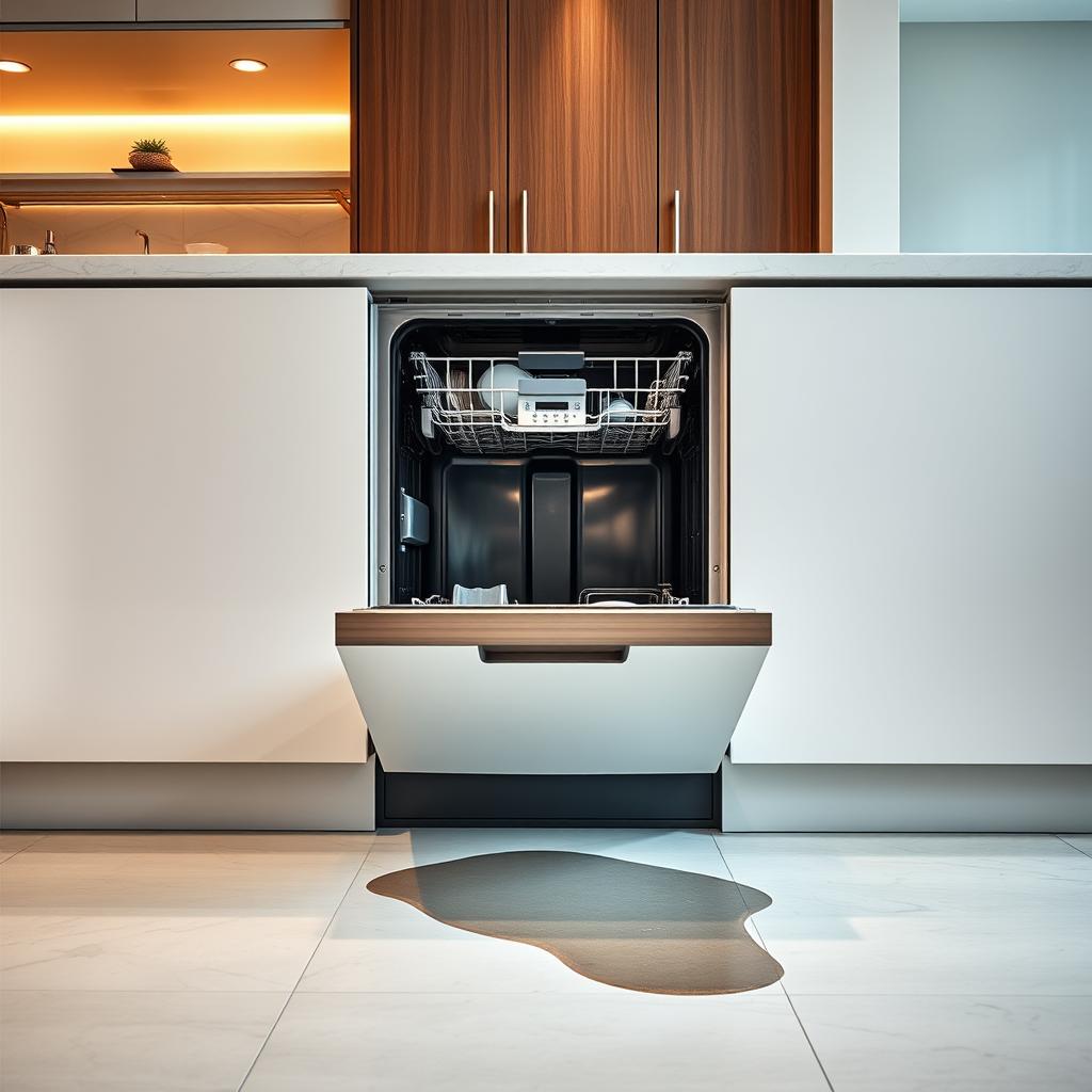 Modern dishwasher with water puddle on kitchen floor - leaky dishwasher repair guide