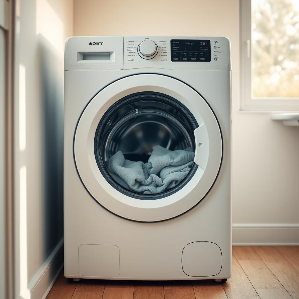 White front-loading washing machine with wet clothes in drum - washing machine won't spin troubleshooting