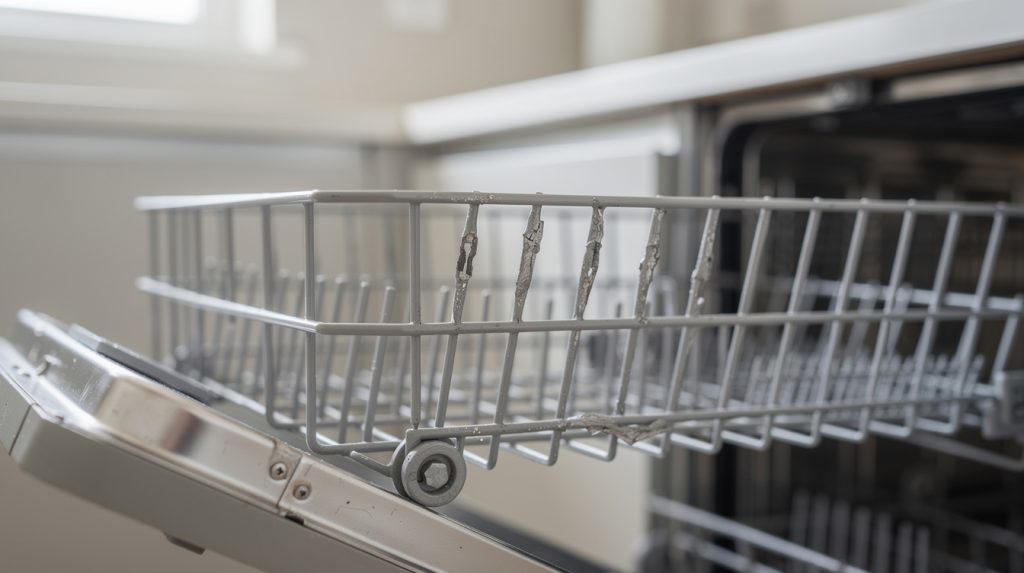 Dishwasher lower rack pulled out showing wire tines with worn coating