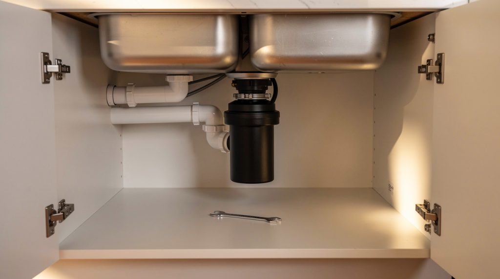 Kitchen sink drain with garbage disposal unit visible underneath the cabinet