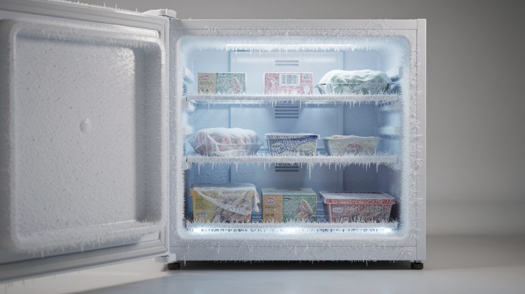 Open freezer drawer with frost and ice crystals built up on the interior walls