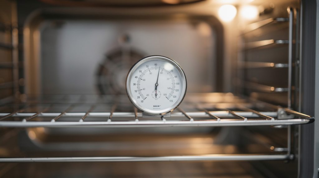 Analog oven thermometer on the middle rack of an electric oven