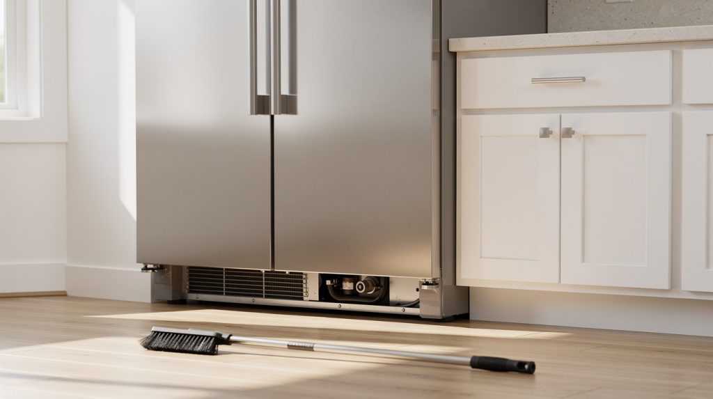 Modern stainless steel refrigerator in a bright kitchen with compressor area visible at the base