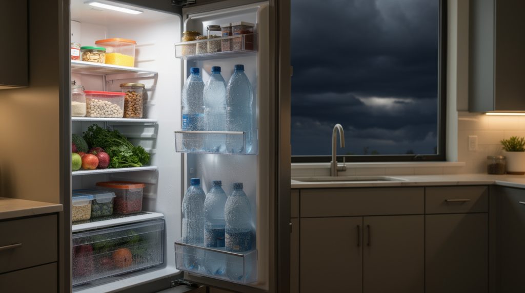 Refrigerator interior with neatly organized food and frozen water bottles for power outage preparation