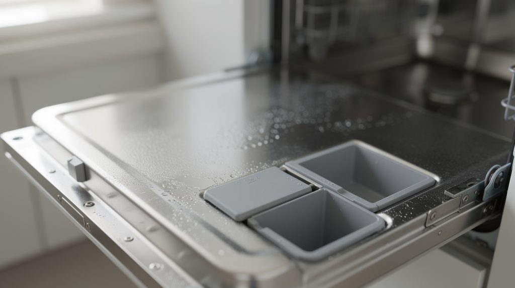 Close-up of a dishwasher detergent dispenser cup with the lid partly open on a stainless steel door