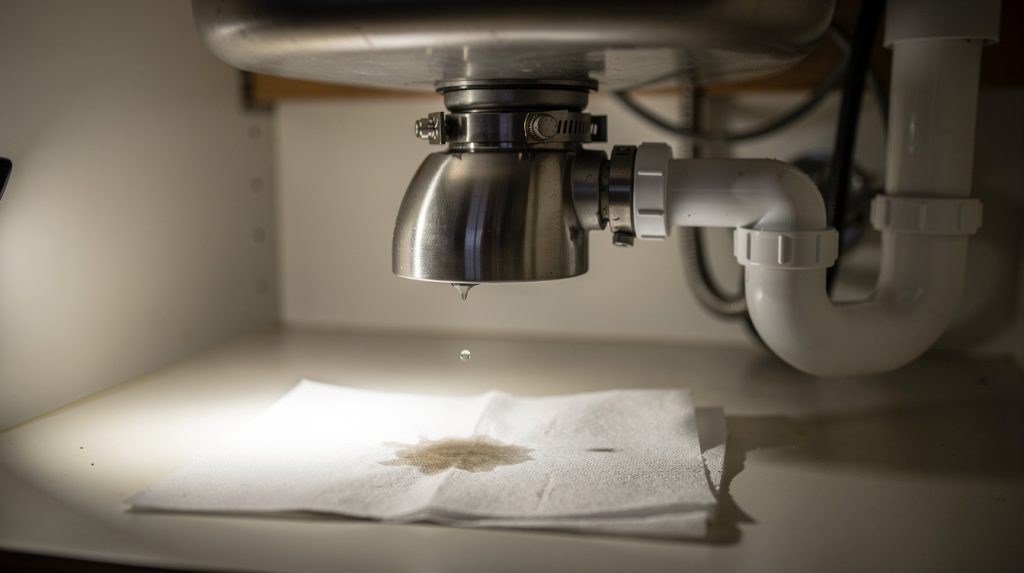 Garbage disposal leaking underneath with a water drop forming on the bottom of the unit under a kitchen sink