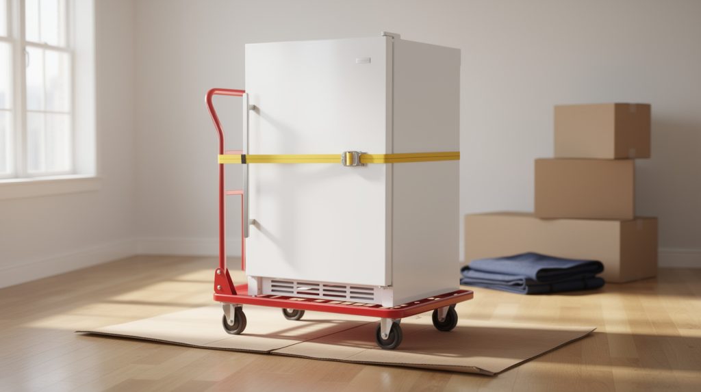 White refrigerator strapped upright to an appliance dolly on cardboard floor protection in an empty room