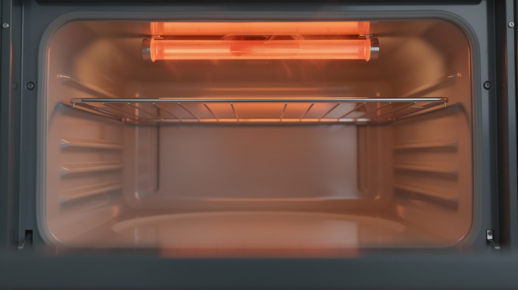 Glowing orange broil element on the ceiling of an electric oven above an empty rack