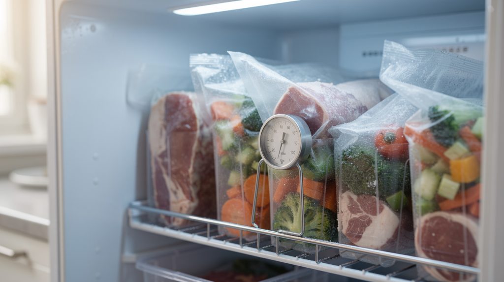 Organized home freezer with vacuum-sealed food packages and an appliance thermometer to prevent freezer burn