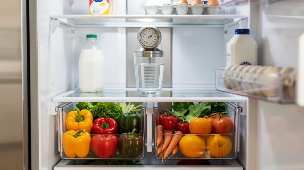 Appliance thermometer in a glass of water on a refrigerator shelf to check temperature settings