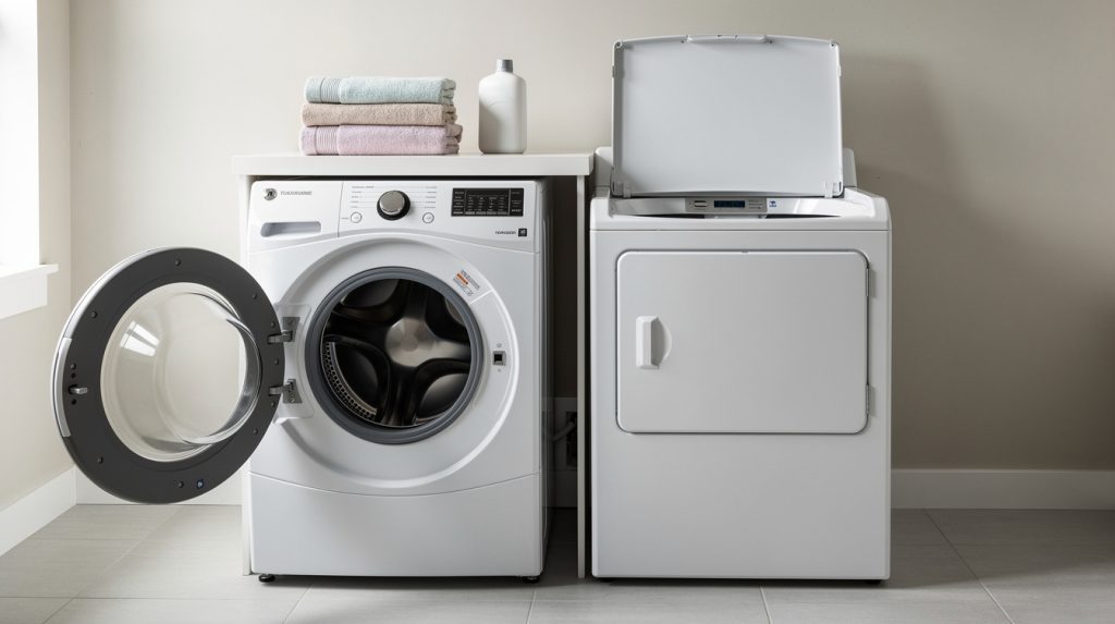 Front-load washer and top-load washer side by side in a bright Florida laundry room