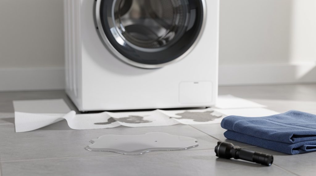 Water leaking from a front-loading washing machine onto a tile laundry room floor