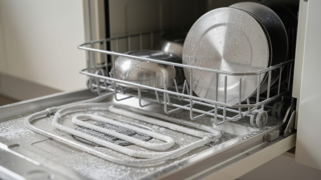 Dishwasher heating element on the tub floor with mineral scale and cold wet dishes in the lower rack