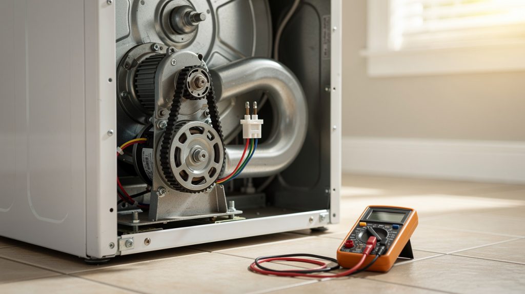 Open back panel of an electric dryer showing the motor, belt and thermal fuse with a multimeter nearby