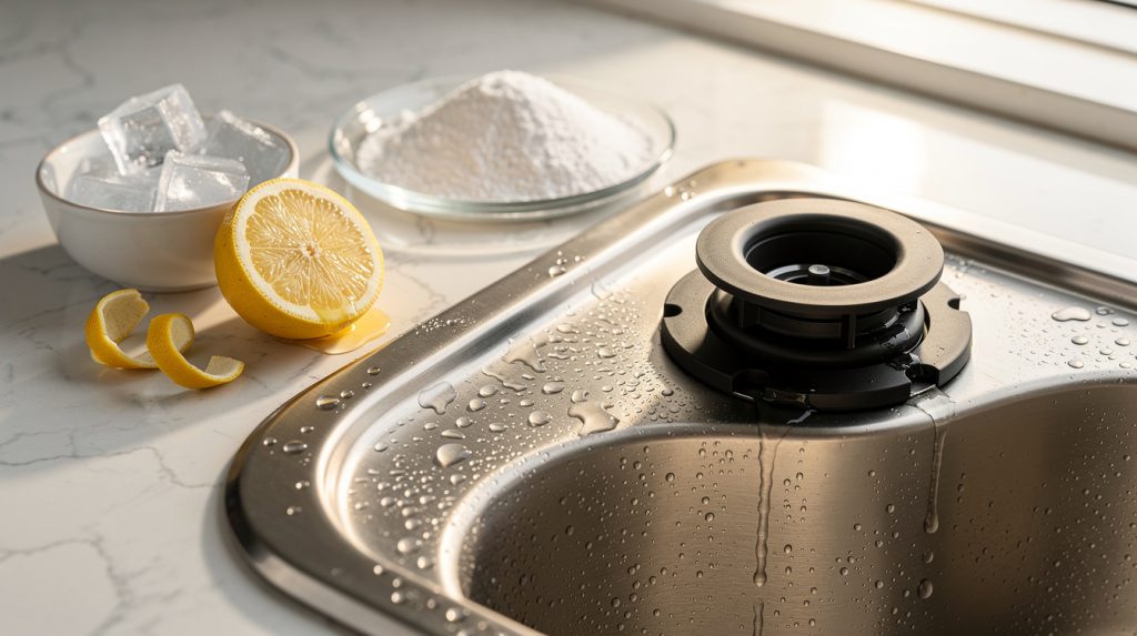 Kitchen sink garbage disposal drain with ice, coarse salt, lemon peels, baking soda, and vinegar ready for cleaning