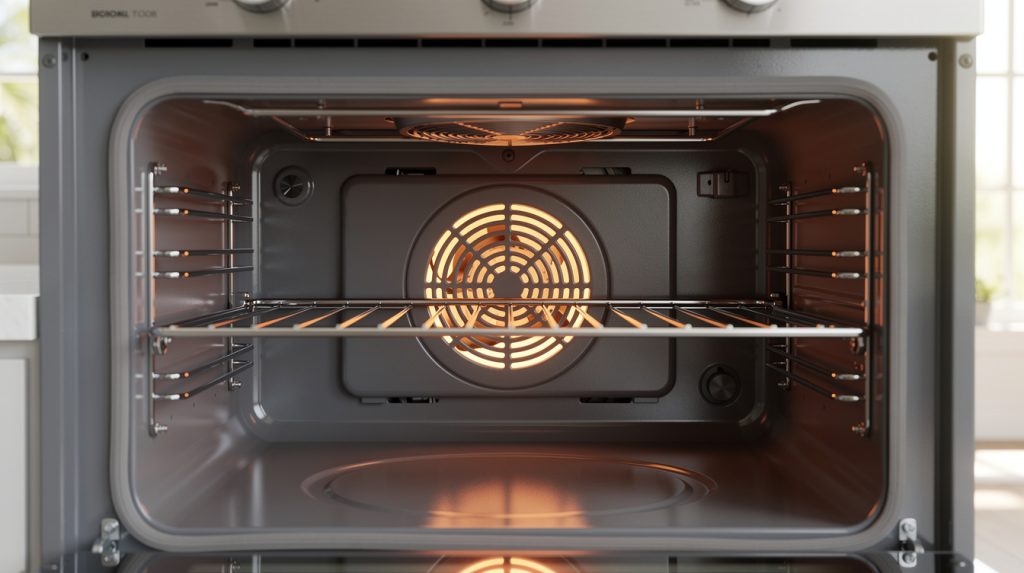 Interior of an electric convection oven showing the rear fan cover and glowing heating element