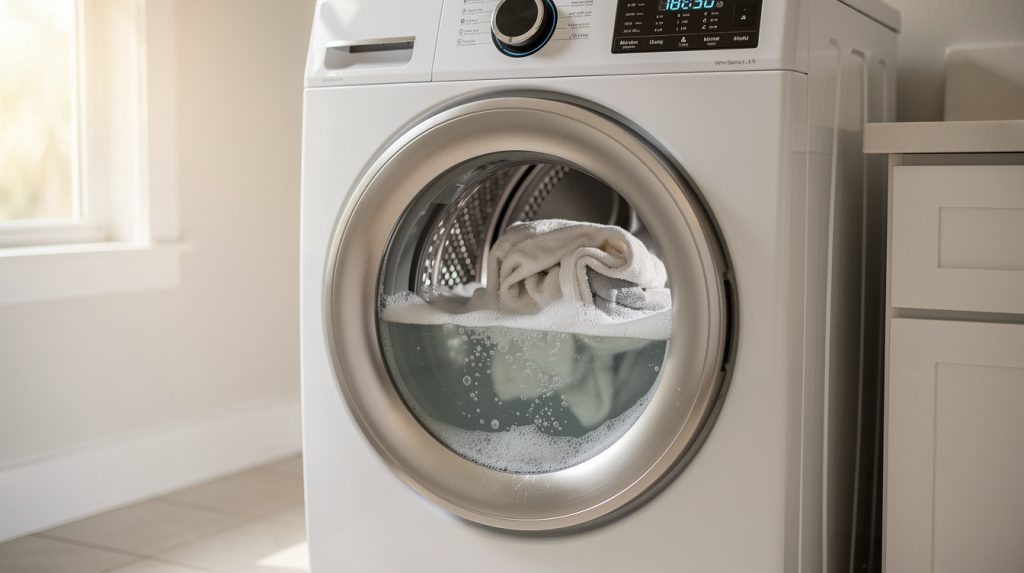 Front-load washing machine stopped mid-cycle with wet laundry and standing water visible through the door